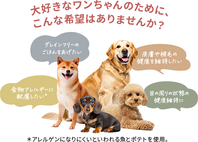 大好きなワンちゃんのために、こんな希望ありませんか？グレインフリーのごはんをあげたい、皮膚や被毛の健康を維持したい、食物アレルギーに配慮したい、目の周りの状態の健康を維持したい