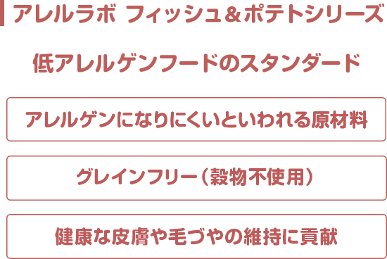アレルラボ フィッシュ＆ポテトシリーズ低アレルゲンフードのスタンダードアレルゲンになりにくいといわれる原材料グレインフリー（穀物不使用）健康な皮膚や毛づやの維持に貢献